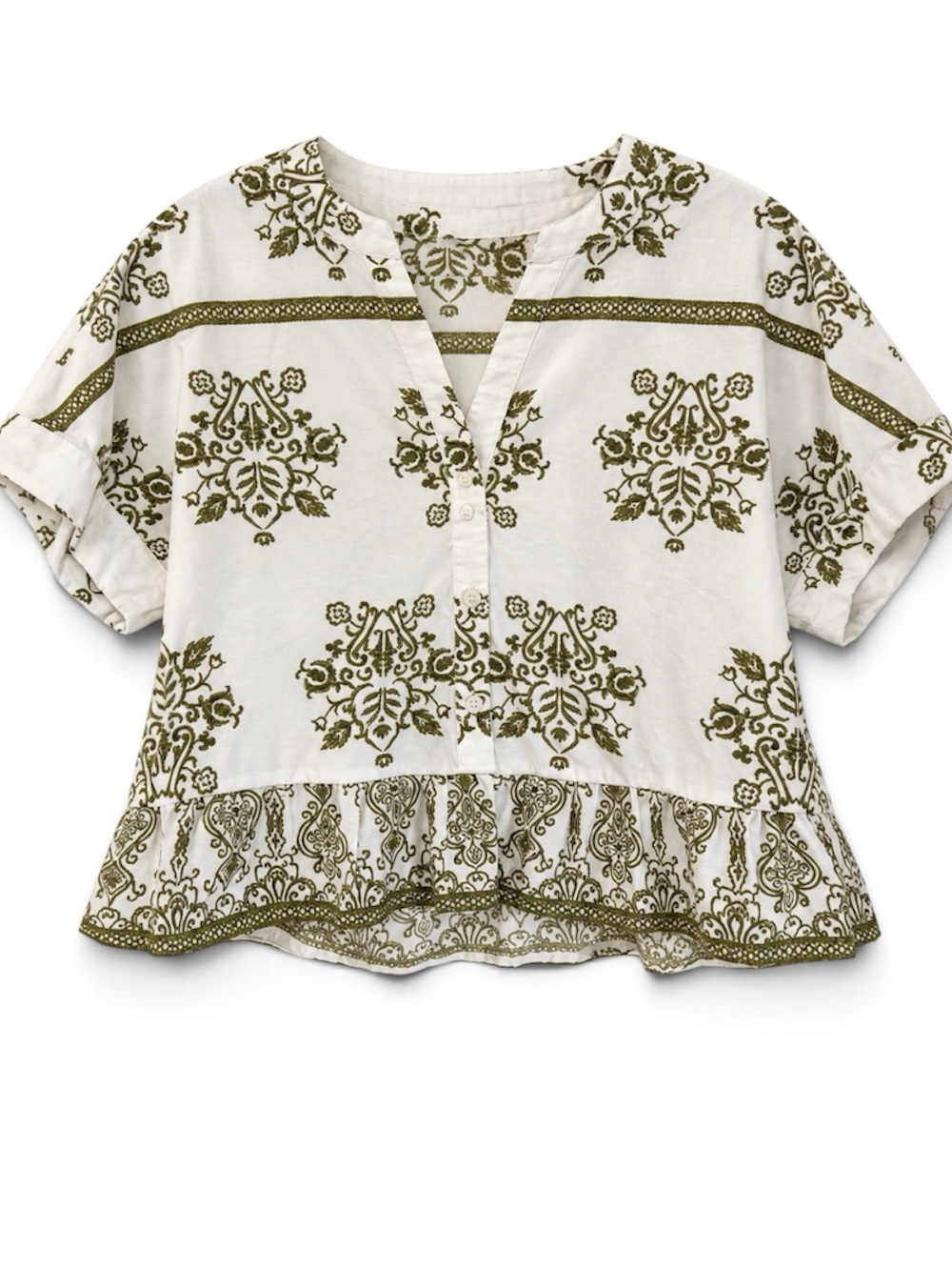 Halogen Women’s Embroidered Blouse Medium Ivory Olive Print Button Peplum Top